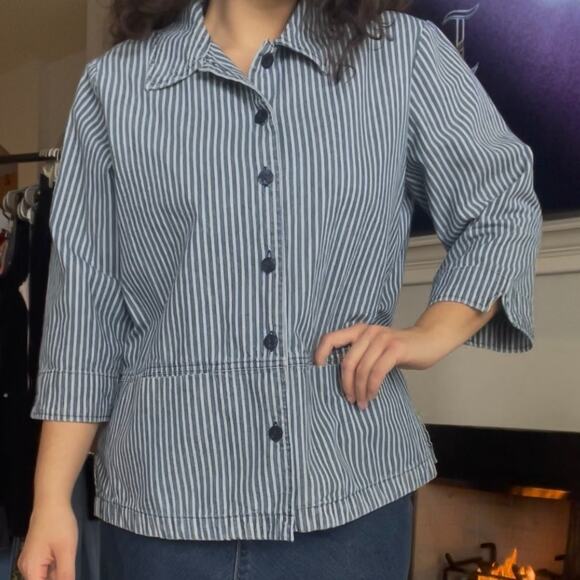Blue and White Long Stripe Button Down Cottagecore - Picture 6 of 6
